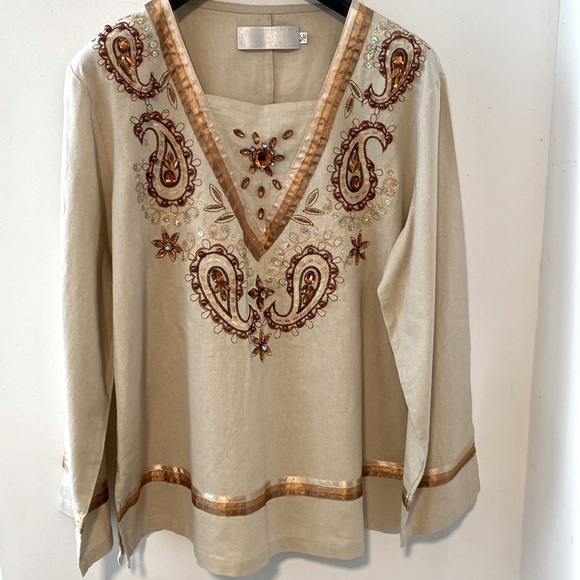 Jewelled Linen Tunic Top XL - Picture 1 of 5